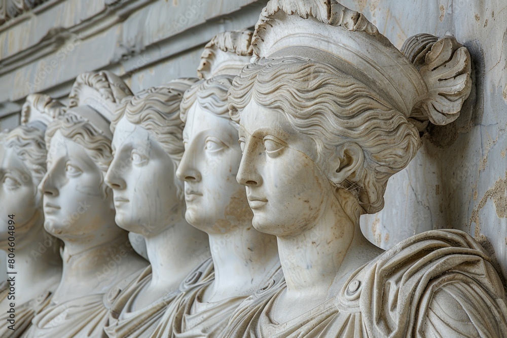 Row of statues of women in front of a wall, suitable for historical or artistic projects