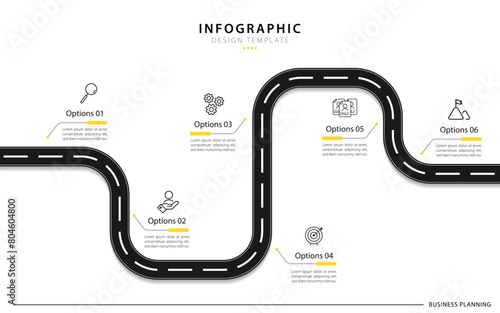 Business road map infographic template. Timeline Journey 6 Steps to Design Infograph. presentation graph. Business concept with 6 options, vector illustration.