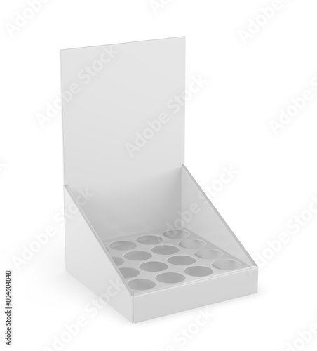Advertising product insert holes cardboard counter display blank template, 3d illustration.