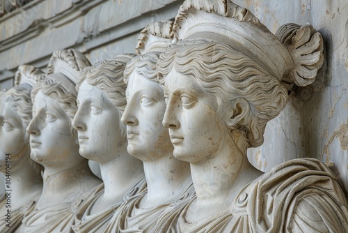 Row of statues of women in front of a wall, suitable for historical or artistic projects