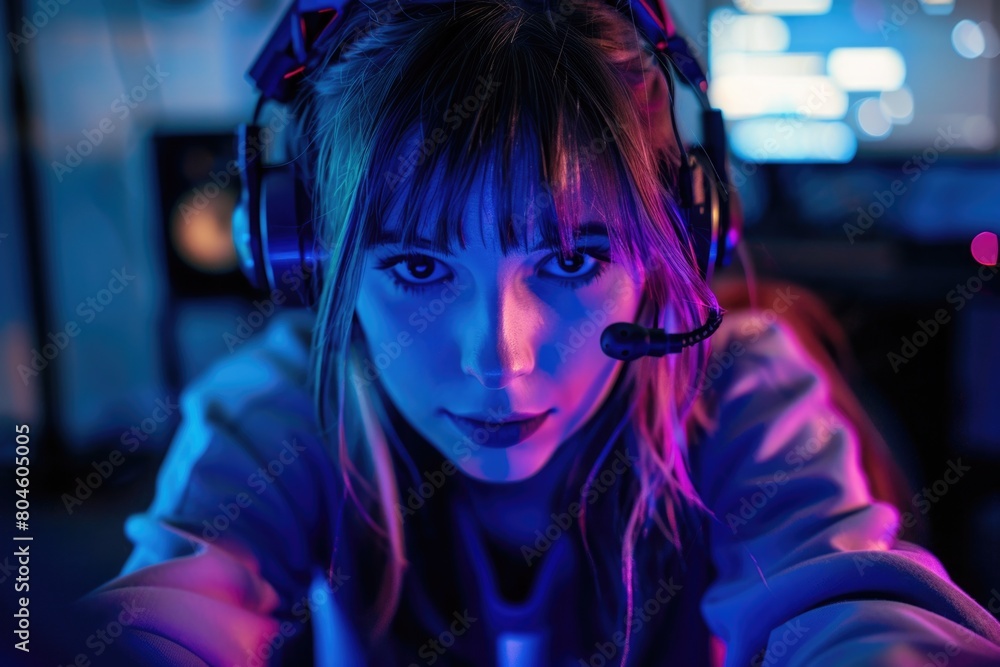 A woman wearing headphones playing a video game. Suitable for gaming and technology concepts A woman wearing headphones playing a video game. Suitable for gaming and technology concepts