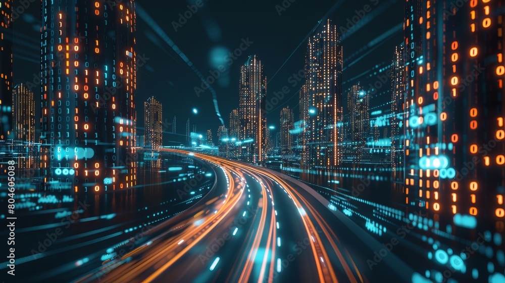 3D Rendering of abstract highway path through digital binary towers in city. Concept of big data, machine learning, artificial intelligence, hyper loop, virtual reality, high speed network.