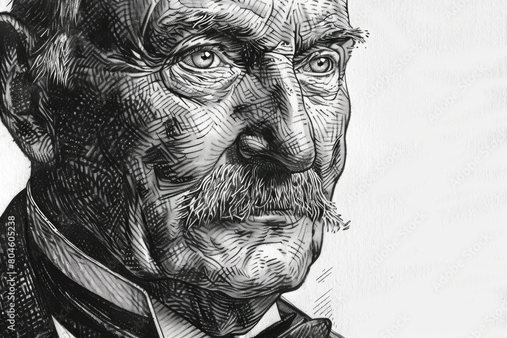 Detailed black and white drawing of a man with a prominent mustache. Suitable for artistic projects or vintage themed designs