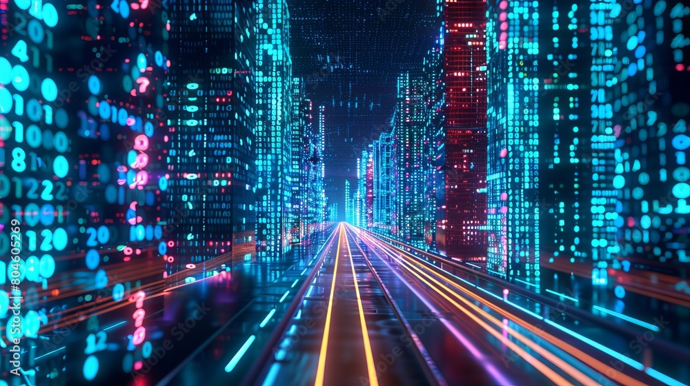 3D Rendering of abstract highway path through digital binary towers in city. Concept of big data, machine learning, artificial intelligence, hyper loop, virtual reality, high speed network.