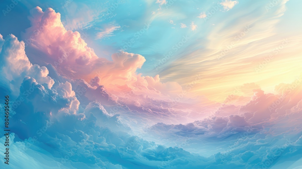 A beautiful painting of a bright sky full of pink and blue clouds.