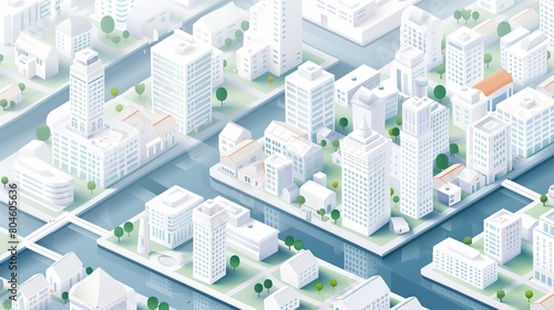 An isometric map or scheme of a city includes downtown, industrial district, suburban area, paper white buildings, houses, and a river, serving as a modern vector illustration for navigation. photo