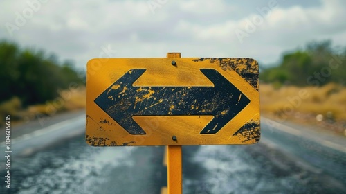 Yellow sign with an arrow pointing in opposite directions. Suitable for directional concepts