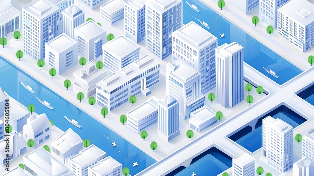 An isometric map or scheme of a city includes downtown, industrial district, suburban area, paper white buildings, houses, and a river, serving as a modern vector illustration for navigation. An isometric map or scheme of a city includes downtown, industrial district, suburban area, paper white buildings, houses, and a river, serving as a modern vector illustration for navigation.