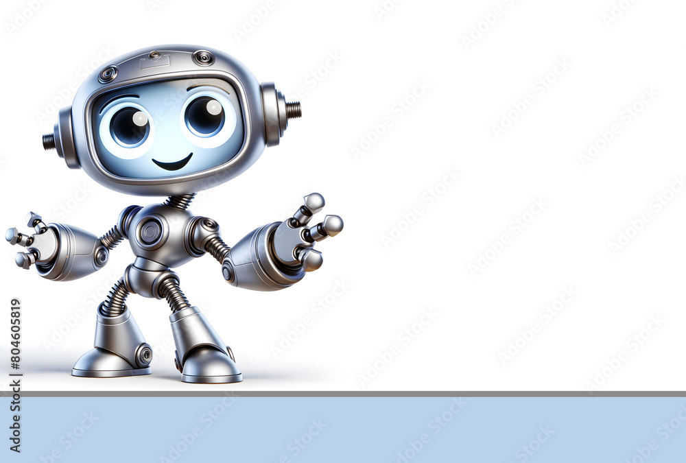Cheerful robot character in 3D cartoon style, 3D vector robot chatbot illustration, AI in science and business concept Cheerful robot character in 3D cartoon style, 3D vector robot chatbot illustration, AI in science and business concept
