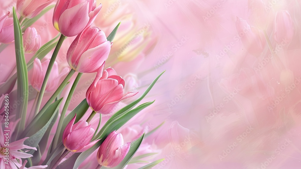 Obraz premium A beautiful design showcasing pink tulips blooming against a soft pastel backdrop