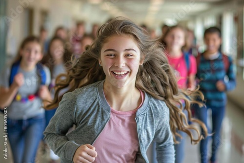 Wallpaper Mural Cheerful Caucasian girl running in school corridor together Torontodigital.ca