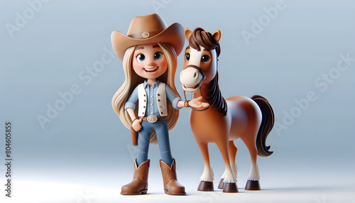 3D caricature of young cowgirl and her horse, Blonde cowgirl with horse - 3D render, Beautiful girl with blue eyes and her horse - 3D illustration