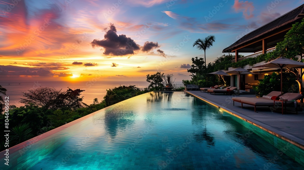 An opulent pool bathed in the colors of sunset offers a serene retreat.