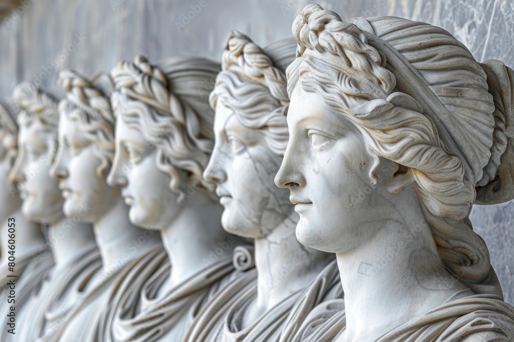 Row of marble busts of women, suitable for historical or art concepts