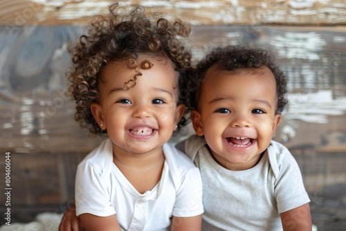 Multicultural siblings sitting closeup, adorable toddler smiling photo