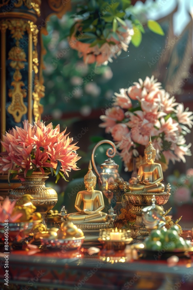 Fototapeta premium A table topped with vases filled with flowers. Suitable for interior design projects