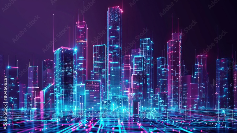 Obraz premium Smart Digital City Concept. Urban Architecture High Towers Concept of the Future City. Virtual Reality Abstract Digital Buildings. Modern Technology Vector Illustration