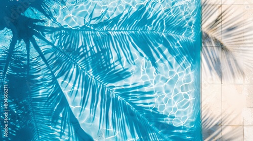 Background view of a swimming pool from the top, with water ripples and palm shadows on travertine stone. photo
