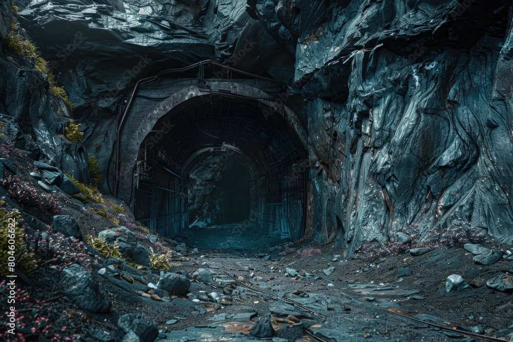 Fototapeta premium A tunnel in a mountain with rocks and plants, perfect for travel and adventure concepts