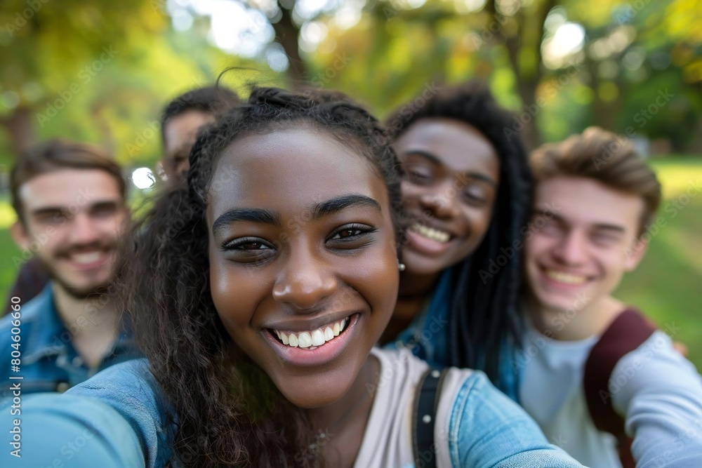 Closeup of Smiling Woman and Friends at Park Closeup of Smiling Woman and Friends at Park