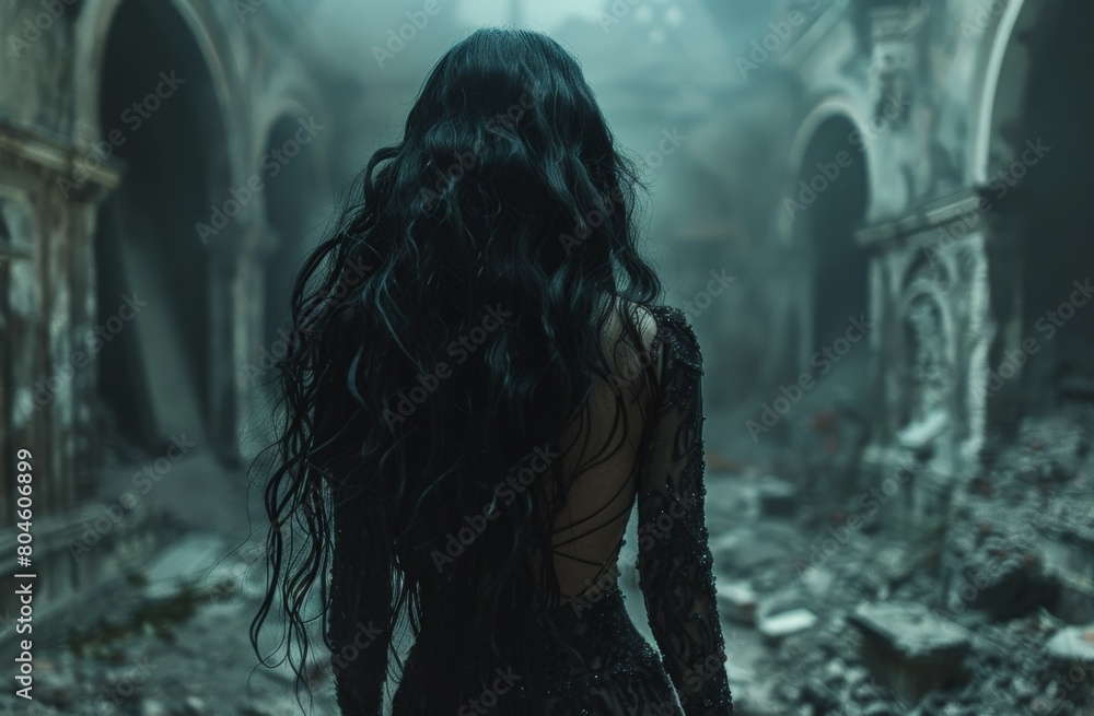 A dark-haired woman stands with her back to the viewer, gazing into a gothic, ruined cityscape, evoking a sense of mystery and post-apocalyptic solitude A dark-haired woman stands with her back to the viewer, gazing into a gothic, ruined cityscape, evoking a sense of mystery and post-apocalyptic solitude