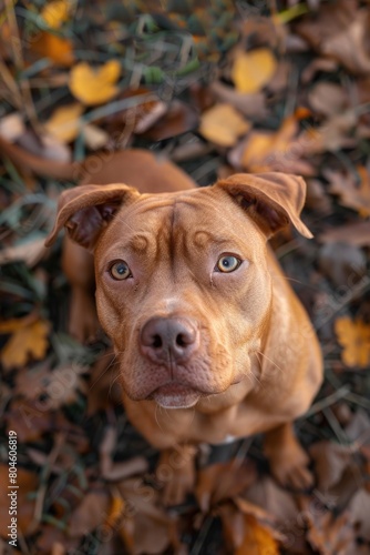 A brown dog sitting on top of a pile of leaves  suitable for autumn-themed designs