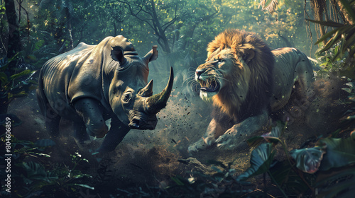 Rhinoceros and Lion Battle in Jungle