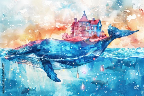 A majestic whale swimming in front of a castle. Perfect for fantasy lovers