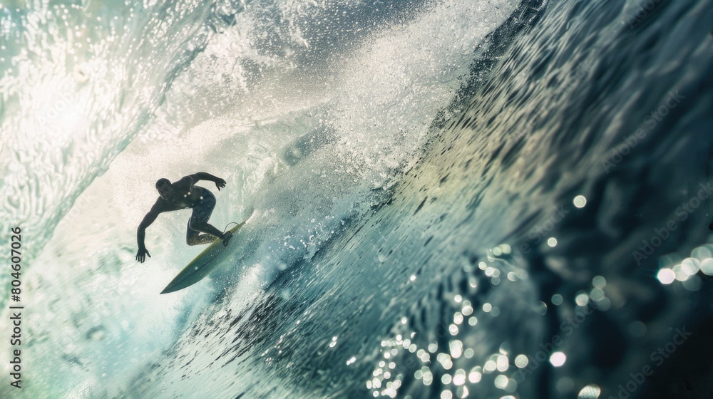 A man riding a wave on top of a surfboard. Perfect for sports and summer-themed designs
