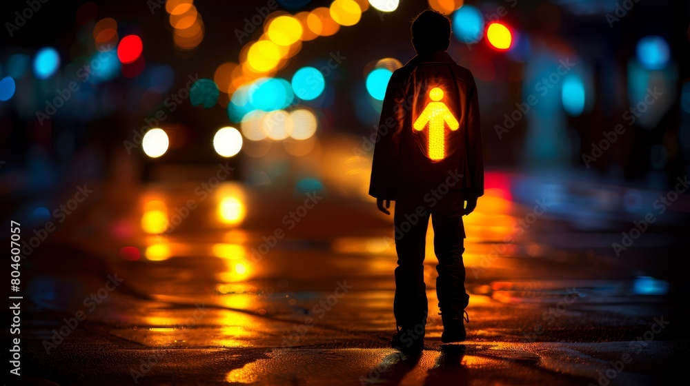 A person stands in a nighttime street with an arrow-shaped traffic light nearby A person stands in a nighttime street with an arrow-shaped traffic light nearby