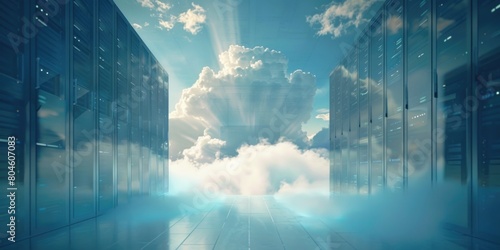 Server room with clouds in the background  suitable for technology concepts