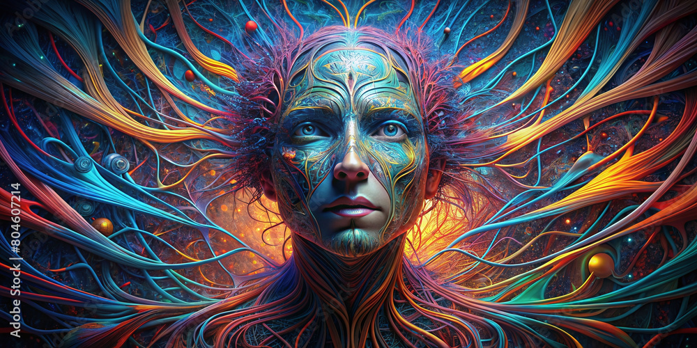 Crazy colored abstract surreal background with an amazing face and colorful elements