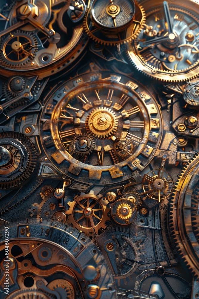 Detailed close up of a clock with multiple gears. Suitable for technology or time management concepts