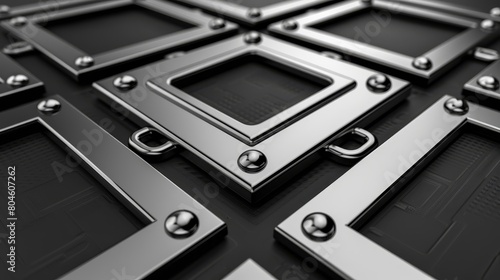  A 3D illustration of a metal square group with rivets against a black background