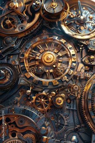 Detailed close up of a clock with multiple gears. Suitable for technology or time management concepts