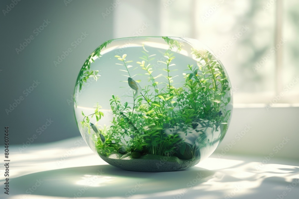 A glass bowl filled with various plants, suitable for home decor A glass bowl filled with various plants, suitable for home decor