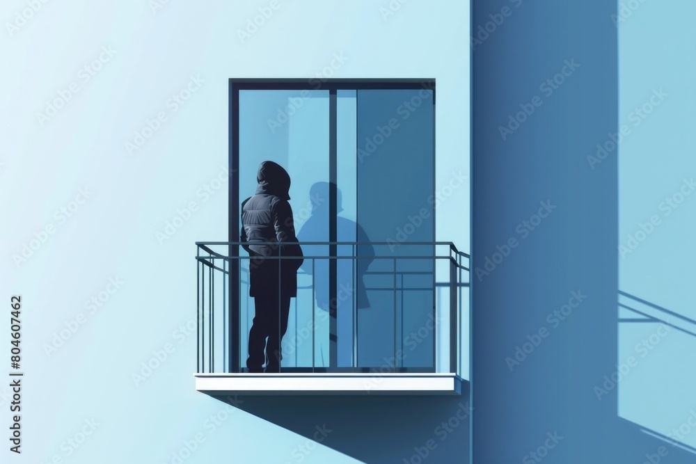A person standing on a balcony looking out of a window. Suitable for real estate or lifestyle concepts A person standing on a balcony looking out of a window. Suitable for real estate or lifestyle concepts