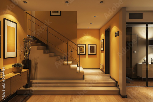 Warm saffron yellow entrance hall with a simple staircase and modern decor in an American interior.