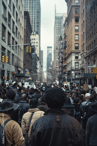 A bustling scene of a crowd walking down a city street. Suitable for urban lifestyle concepts