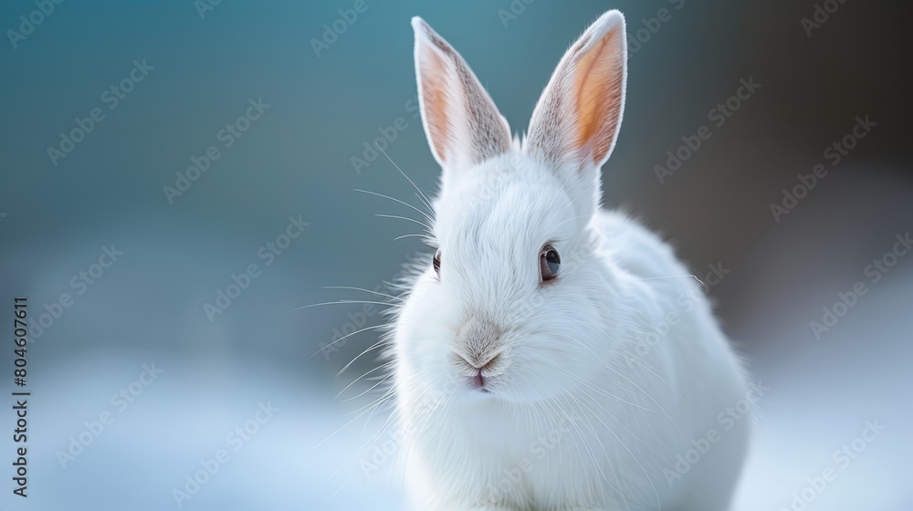 A white rabbit in the snow gazes at the camera against a softly blurred background, revealing a blue sky A white rabbit in the snow gazes at the camera against a softly blurred background, revealing a blue sky