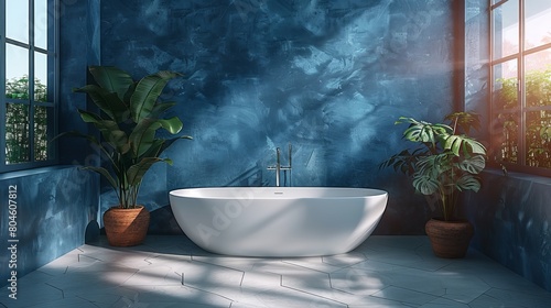 Luxurious modern bathroom interior design showcases a white bathtub against a grunge dark blue wall in this 3D render.