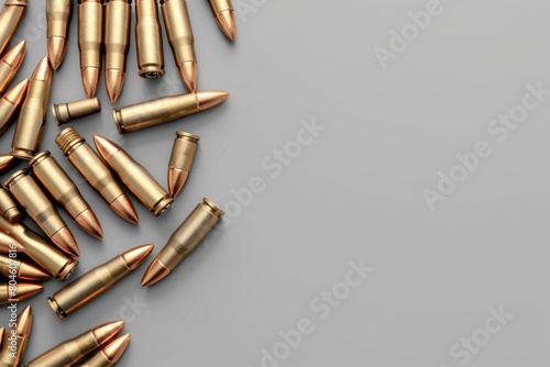 A pile of bullet shells on a gray surface. Suitable for military or crime scene themes photo