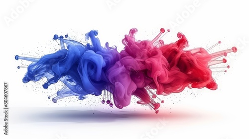   A collection of colored smoke clusters suspended against a pristine white backdrop Each cluster is accentuated by a distinct shadow of its presumed source in the foreground photo