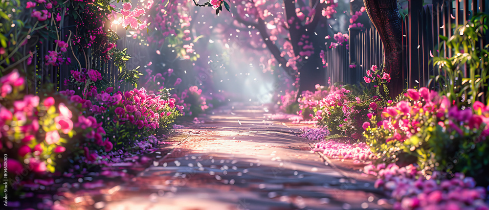 Picturesque Park Path Lined with Blossoming Cherry Trees, Soft Pink Petals Enhancing the Springtime Mood