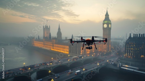 Drone autonomously delivering a package over london's foggy cityscape at dawn photo