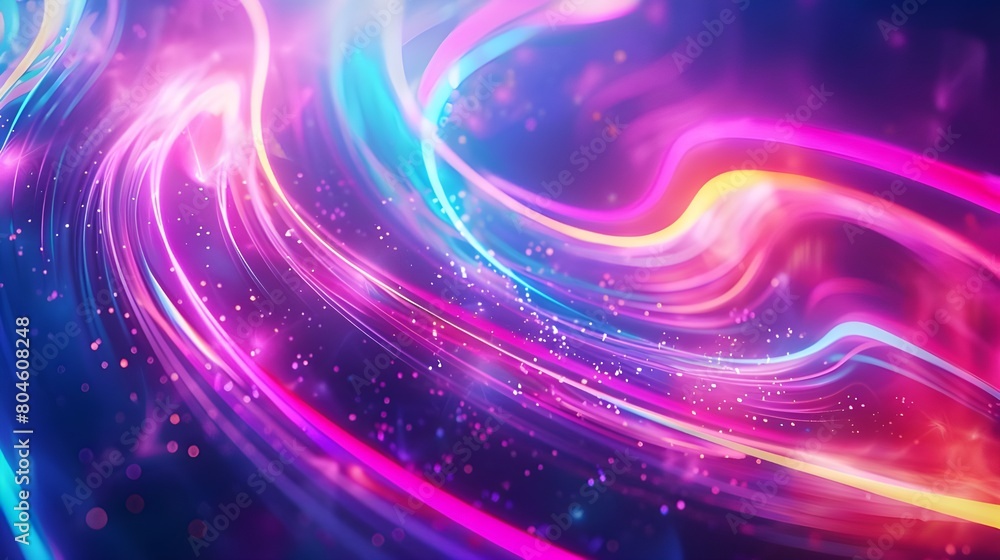 Abstract background with many glowing neon light lines of different colors 