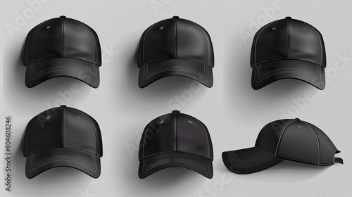 Realistic 3D mockup set of black caps, including sport baseball caps with visors and uniform hats from various angles. Ideal for headwear design illustrations. photo