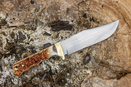 Slika na platnu a bowie knife with an antler laid on a wooden sponge