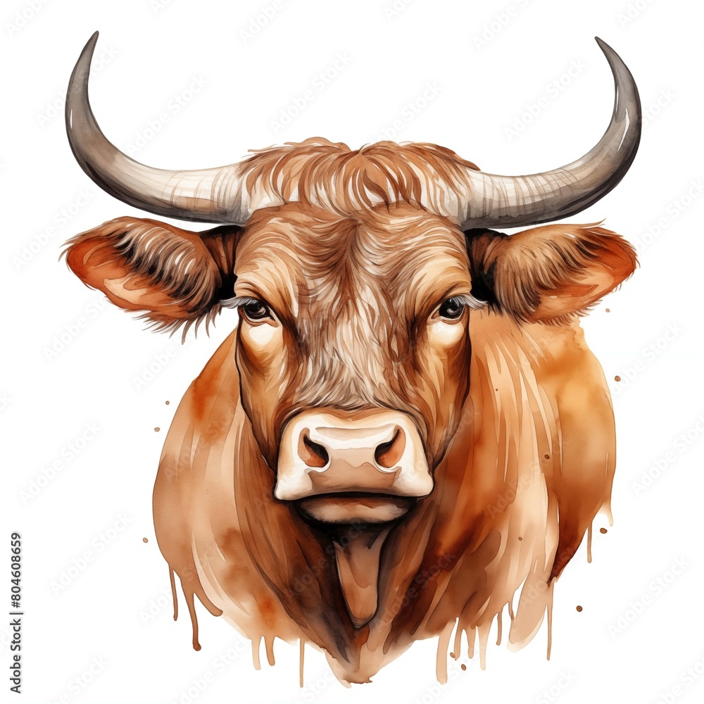 Bull head. Bull clipart. Watercolor illustration. Generative AI. Detailed illustration. Bull head. Bull clipart. Watercolor illustration. Generative AI. Detailed illustration.