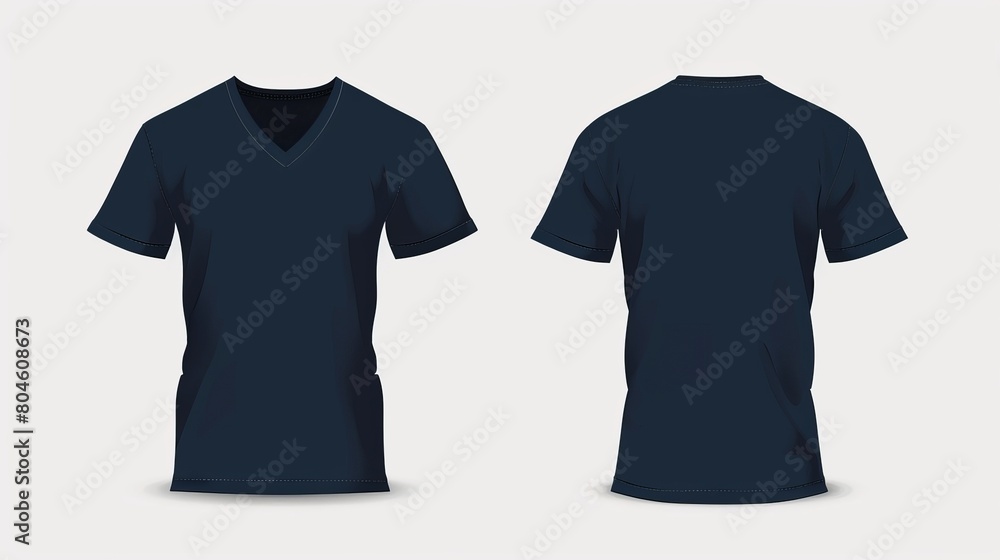 Template for a men's navy blue short sleeves V-neck shirt, presented with front and back views on a white background in vector format. Template for a men's navy blue short sleeves V-neck shirt, presented with front and back views on a white background in vector format.